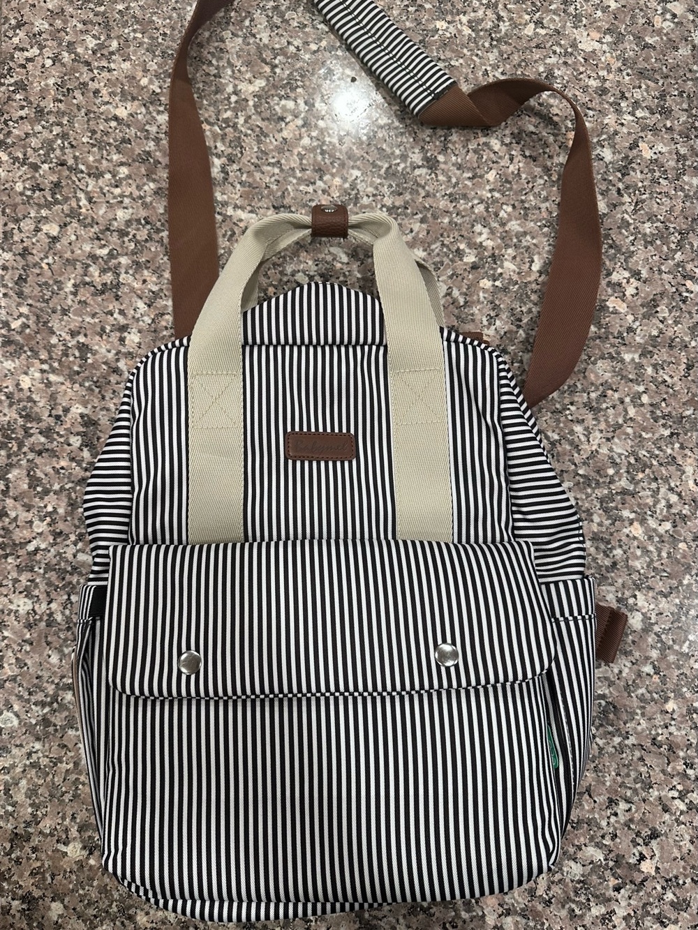 Babymel Black & White Striped Sling Backpack with Brown Strap